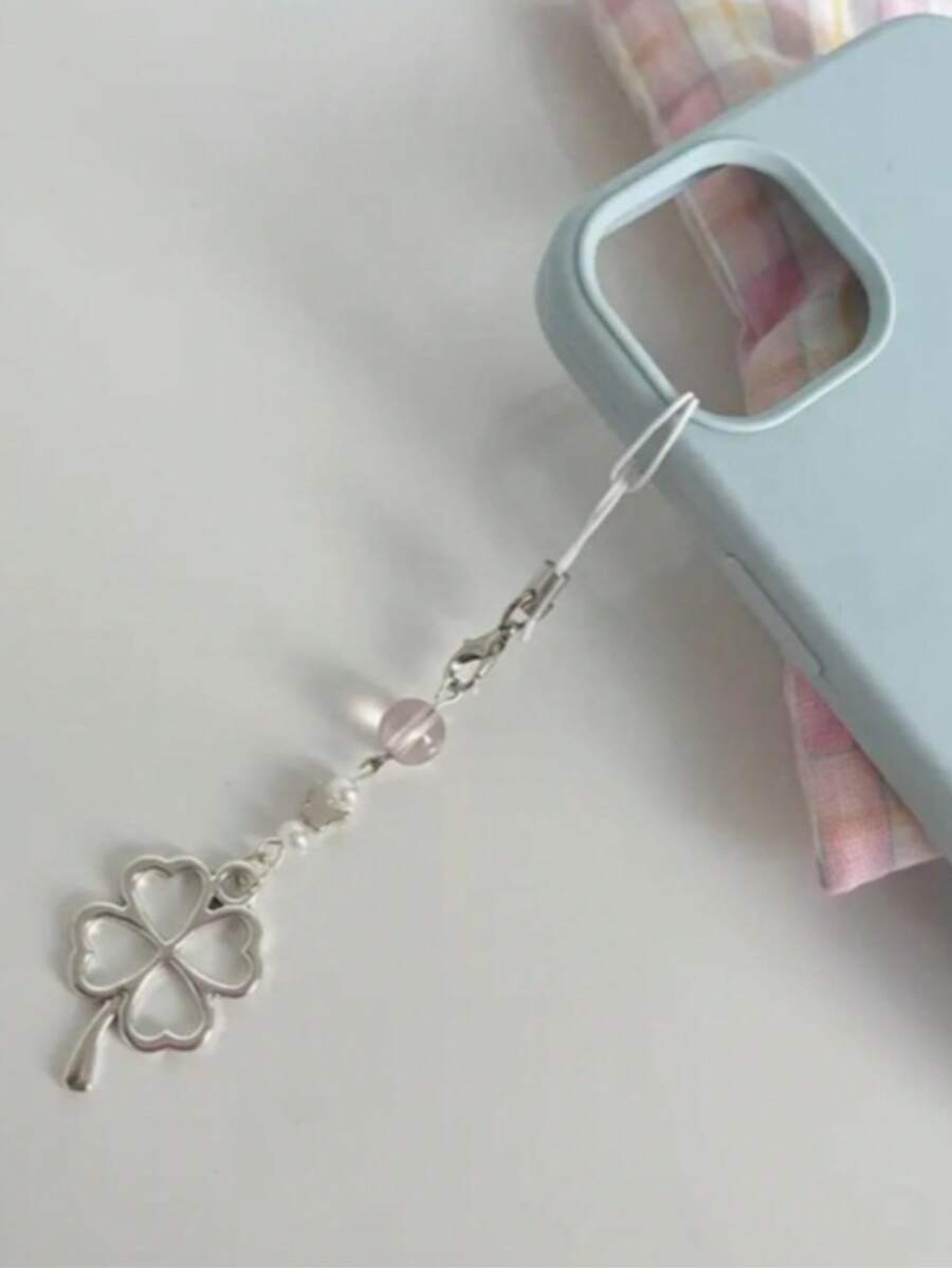1pc Lucky Four-Leaf Clover Phone Lanyard, Minimalist Metal Heart Pendant, Universal CCD Camera Charm, Friendship Gift - Silver - View 1