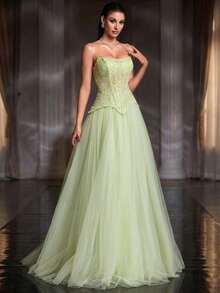 A Light Green Sequin Lace Strapless Lace-Up Tulle Maxi Dress Court-Style Luxury Evening Gown Wedding Vacation Spring Party - Grass Green - View 10