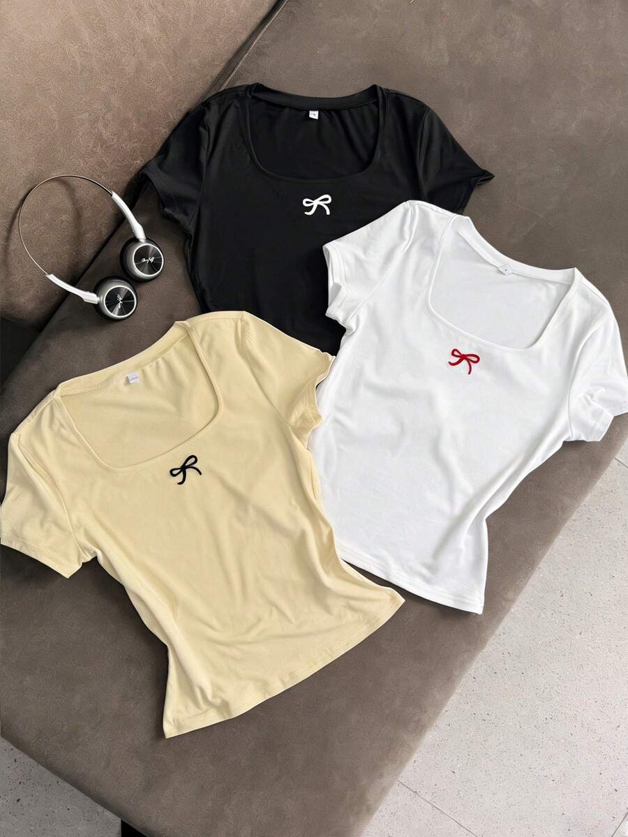 Bộ 3 áo thun ngắn tay cổ chữ U in nơ, phong cách tối giản mùa hè, đa năng dành cho nữ. - Đen, trắng và vàng - Xem 1