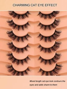 7 Pairs 5D Faux Mink Cat Eye Lashes Transparent Band Reusable Natural Volume Dramatic False Eyelashes Daily Party Strip Lashes - Black - View 5