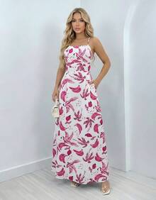 Women's Long Dress With Leaf Print, Crossed Straps, Casual, Summer, Tropical - 白色和粉紅色 - 查看 4