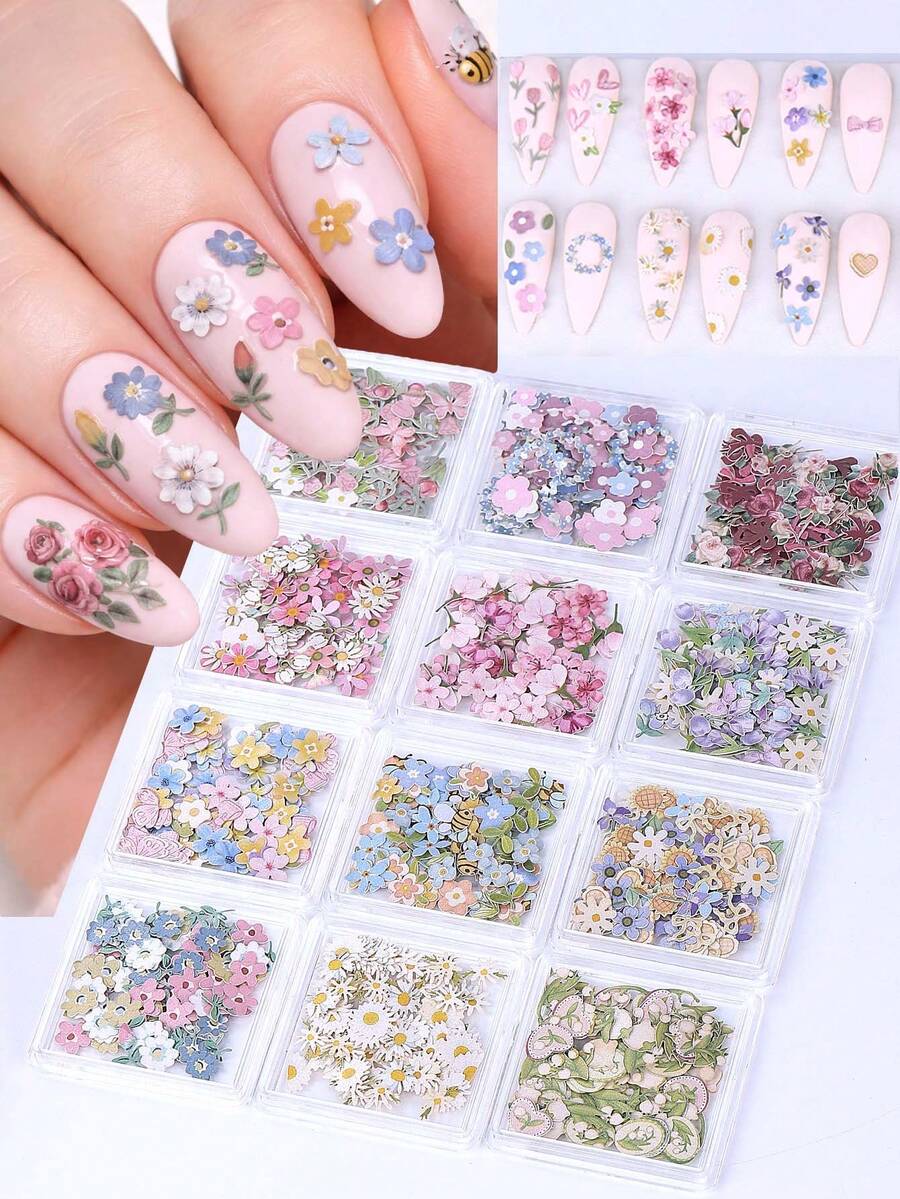 1盒3D可爱花朵春季美甲装饰Y2K蜜蜂雏菊玫瑰樱花花瓣混合设计木浆美甲饰品亮片DIY美甲装饰沙龙美甲用品 - 彩色 - 查看 1