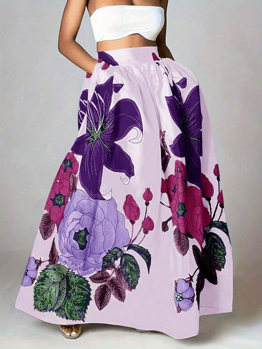 Spring And Summer New Artistic Floral Print Skirt, Light Purple Satin High-Waist Flared Skirt, Slim-Fit Mid-Length Skirt That Flatters The Figure, Suitable For Parties, Gatherings, And Everyday Wear. Design Features Include Rich Patterns And Striking Color Contrasts; With Unique Prints And Excellent Tailoring, It Becomes A Highlight In Your Wardrobe, Enhancing - Màu tím hoa cà - Xem 1