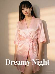 1pc Women's Solid Color Elegant Tie-Front Robe, Sexy Short Satin Silk Soft Sleepwear, Suitable For Brides, Bridesmaids, Home Wear. Wedding Season Short Dress, Letter Pattern, Kimono And Nightgown. - Bright Pink - View 9