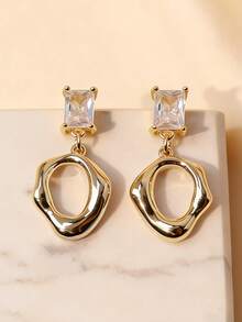 1 Pair Fashionable Asymmetrical Geometric Square Zirconia Earrings, Gold Unique Design Eardrops, Versatile Daily Wear Earrings For Women - Geometric Earrings - View 4