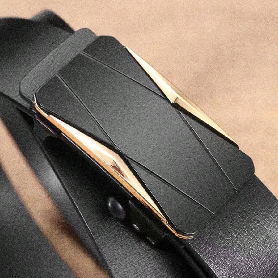 畅销款！几何图案自动扣皮带，商务休闲皆宜，深色系实用风格！哑光自动扣真皮皮带，男女通用百搭裤带 - 彩色 - 查看 1