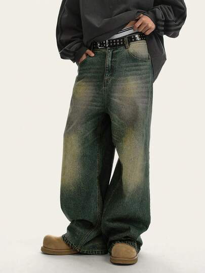 1 chiếc quần jeans nam Hearty Haven kiểu dáng vintage rách rưới, ống rộng thoải mái, phong cách đường phố Mỹ (Không kèm thắt lưng hoặc phụ kiện)