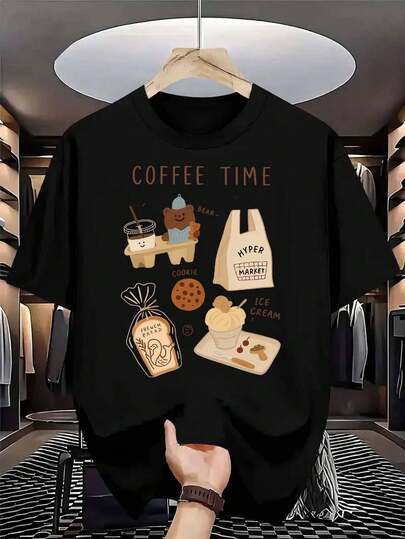 Summer TopsCoffee Time Bear Men's -Inspired Snack-Themed T-Shirt - Ice Cream, Cookie & French Bread Print, Oversized Casual Short Sleeve Tee With Hyper Market Bag Design, 80% /20%, All-Season Loose Fit Streetwear Giftcotton T-Shirt Cotton