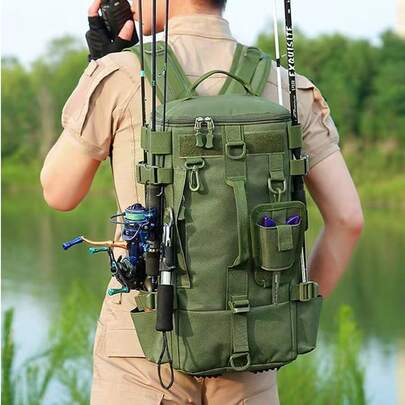Multi-Functional Fishing Backpack Tackle Bag, With Fishing Rod Holder, Can Store Fishing Gear, Suitable For MOLLE System, Suitable For Camping, Hiking And Other Outdoor Sports.
