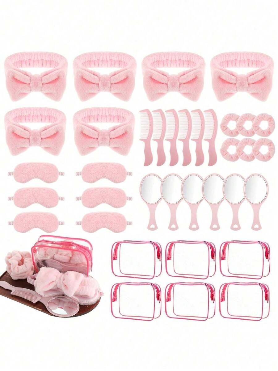 Bộ đồ ngủ spa 12 món dành cho nữ, bao gồm 2 băng đô spa màu hồng, 2 mặt nạ ngủ màu hồng, 2 dây buộc tóc nhung màu hồng, 2 gương màu hồng, 2 lược, 2 túi trang điểm trong suốt. - nhiều màu - Xem 1