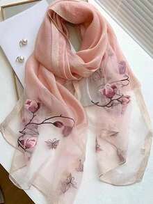 1pc Ladies' Fashionable Scarf With Floral & Butterfly Embroidery, Suitable For Daily Wear And Party Outfits Elegant Valentine's Day - Pink - View 6