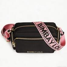 Petit sac carré en nylon imprimé lettres, fermeture éclair, bandoulière large amovible, sac bandoulière décontracté pour femme, idéal en toute saison, disponible en plusieurs couleurs - Noir avec lettrage rose (logo doré) - Voir 3