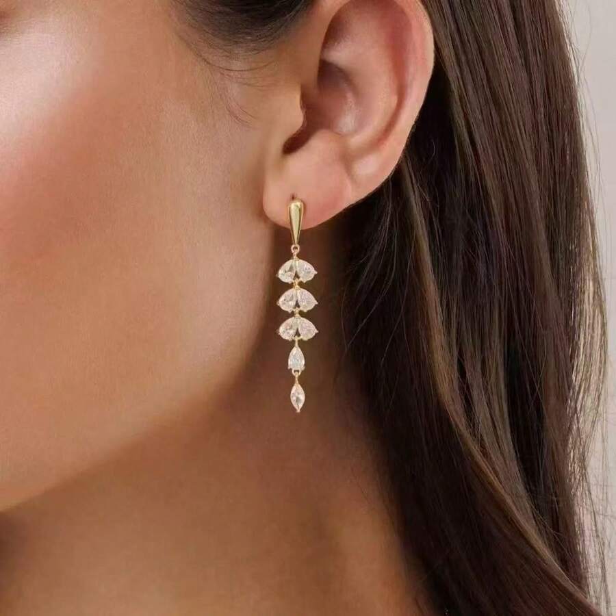 1 Pair Of Rhinestone Tassel Leaf Earrings - Yellow Gold - View 1