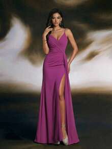 长款梭织面料伴娘礼服，裹身式设计，高开衩款式 - 紫色 - 查看 4