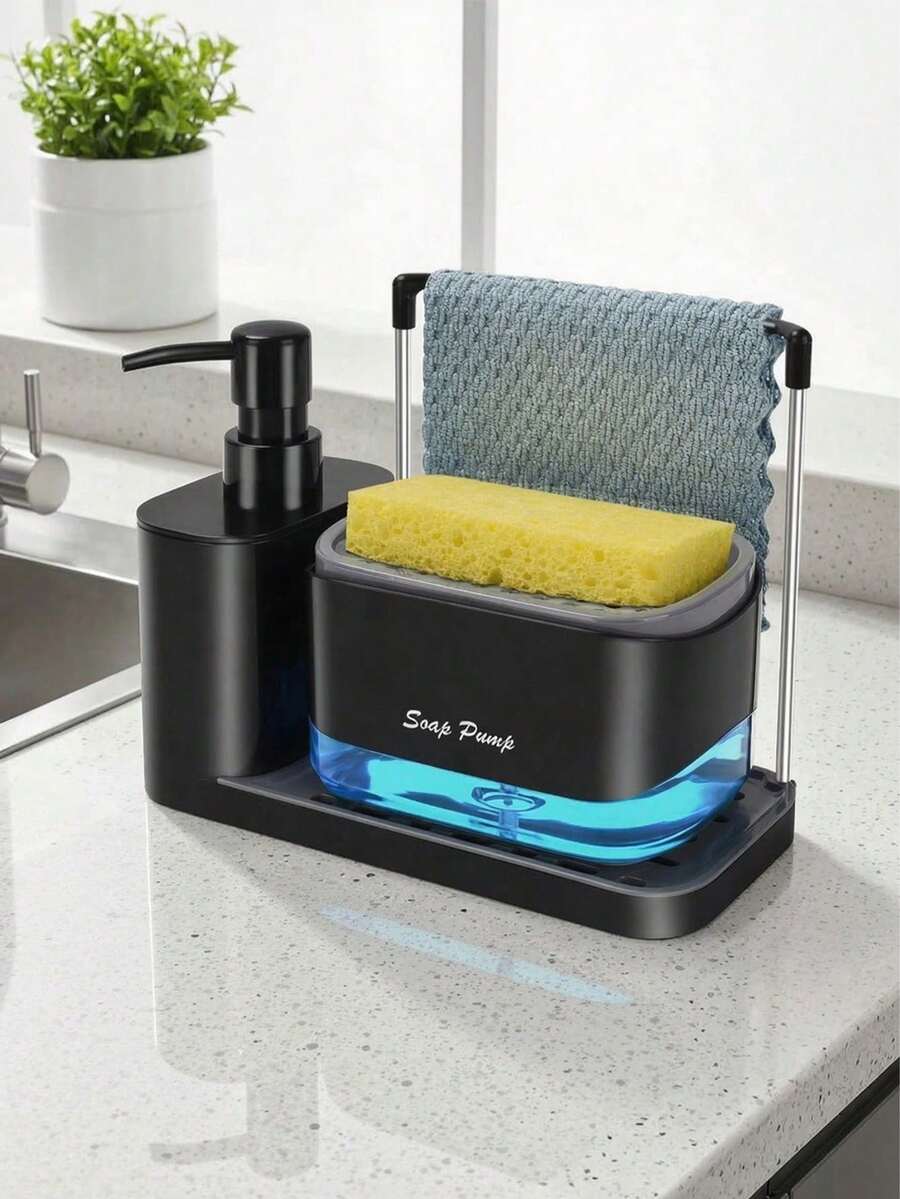 5-In-1 Kitchen Soap Dispenser Set, Includes Tray, Double Soap Dispenser, Sponge Holder, Dish Rack, Soap Dish - Practical Kitchen Organizer (Towel Not Included)