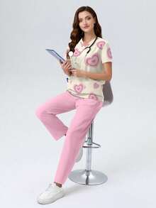 cimmuovere Women's New V-Neck Short Sleeve Top With Heart Print And Pockets, Paired With Pink Straight Leg Pants 2 Piece Set, Spring/Summer Scrubs Nurse Scrubs Workwear Dentist Healthcare Pet Hospital Laboratory Outfit, Valentine's Day - Pink - View 6