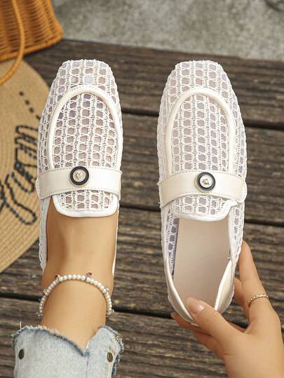 Spring/Summer New Square Toe Flat Mesh Hollow Outdoor Fashion Slip-On Silver/Beige Versatile Fit Skirt Women Plus Size 35-43 Ladies Flat Mule Sandals