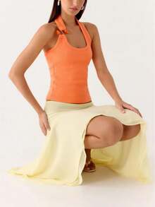 Women's Halter Neck Tank Tops Y2K Stone Embellishment Ribbed Knit Vest Summer Backless Slim Fit Crop Tops Low Back Sleeveless Tee Shirt Basic T-Shirt Streetwear Fashion Party Outfit - 橘色 - 查看 2