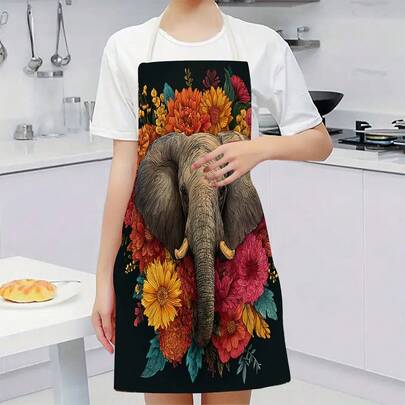 1 szt. fartuch kuchenny ze wzorem słonia i kwiatów, odpowiedni do kuchni, salonu, jadalni, hotelu, grilla na świeżym powietrzu itp., wykonany w 100% z poliestru, można prać w pralce