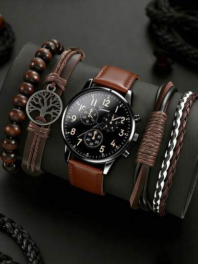 LIANDU LIANDU Men's Watch Set Casual, Fashionable, Round Dial Quartz Watch PU Strap With Leather Cord Set Perfect For Daily Wear Birthday Gift, Back-To-School Season, Thanksgiving, Couples' Occasions Best Gift (Watch Box Not Included)
