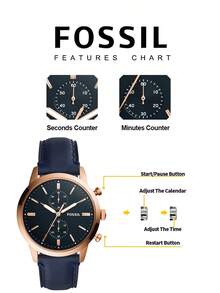 Fossil 男式石英皮革三针手表不锈钢表壳/防刮玻璃 FS5279/FS5280/FS5338/FS5436 - 藍色 - 查看 5