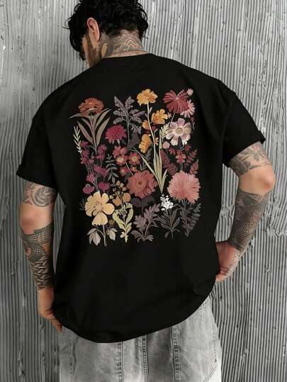 YUNCHIC 男士休闲短袖圆领T恤，饰以活力几何花卉图案。可机洗，常规版型，H型剪裁，适合所有季节，透气夏季上衣，自然灵感设计，轻盈面料。