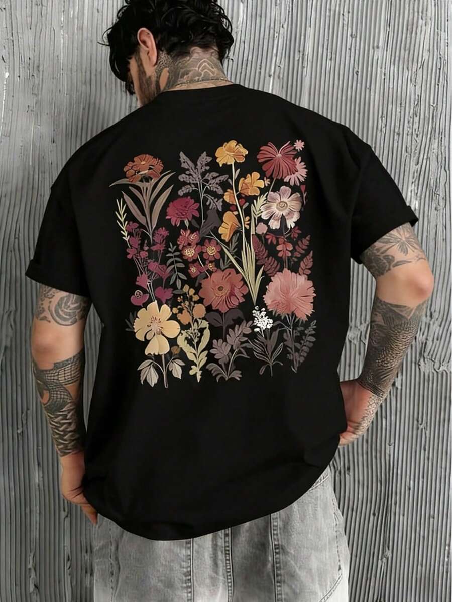 YUNCHIC Men's Casual Short Sleeve Round Neck T-Shirt With Vibrant Geometric Floral Pattern. Machine Washable, Regular Fit, H-Shaped Cut Suitable For All Seasons, Breathable Summer Top, Nature-Inspired Design, Lightweight Fabric - Black - View 1