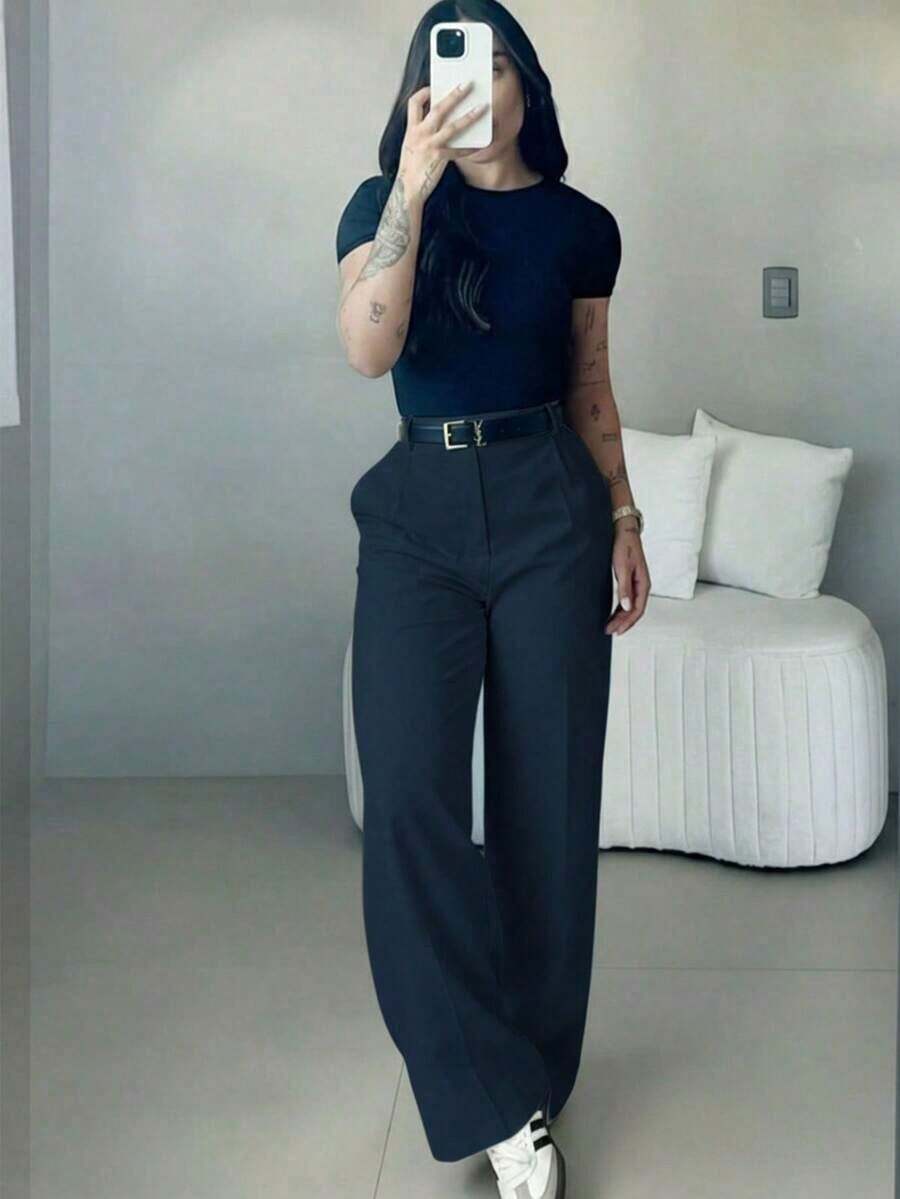 Pantalones de pierna ancha de cintura alta con rayas blancas, estilo de calle bohemio, adecuados para uso casual y para ir al trabajo en primavera/verano (cinturón no incluido) - Azul - Ver 1
