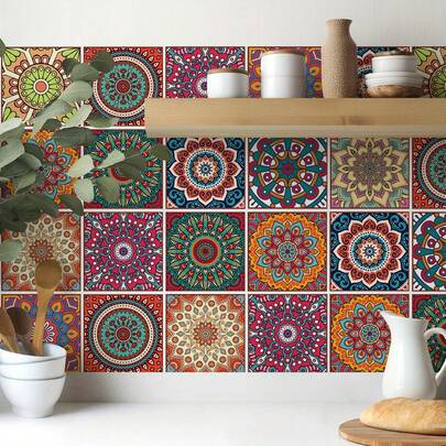 34 Peças Adesivos de Parede Mandala Multicoloridos, À Prova d'Água, Autoadesivos, Decalques Florais para Decoração de Parede da Sala de Estar, Cozinha e Quarto, Fácil de Descolar e Colar, 4x4 Polegadas