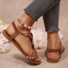 Comfort Walking Colorful Woven Braided Bohemian Sandals For Women Summer Beach Shoes Flats - 棕色 - 查看 3