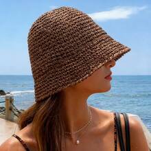 1 Stück Damen Strohhut für den Sommer Outdoor Strand Sonnenschutz, geflochtener Fischerhut mit großer Krempe, faltbarer Sonnenhut, Geschenk/Alltagsgebrauch - Strohfischerhut - Übersicht 3