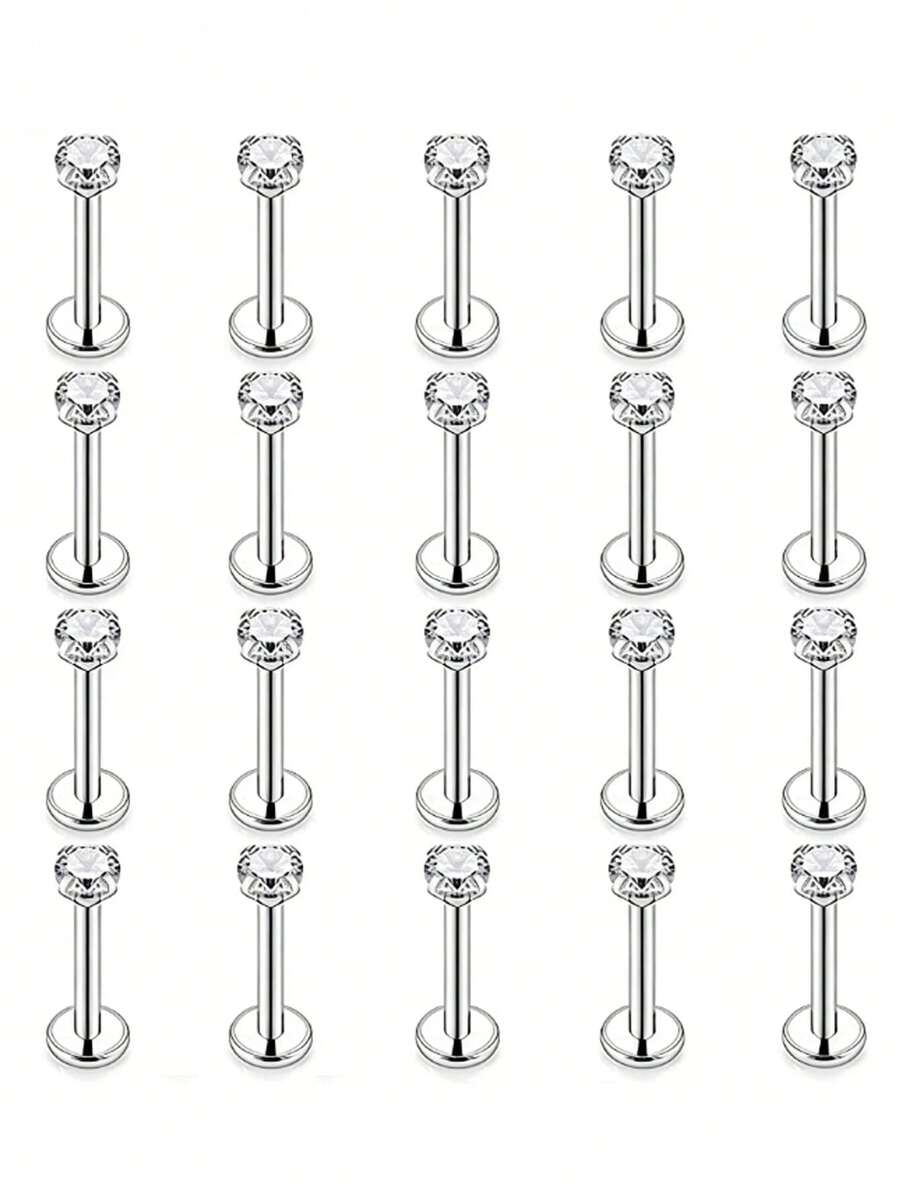 20pcs 16G Stainless Steel Lip Rings, Nose Rings, Cartilage Earrings, Tragus Earrings, Unisex Piercing Jewelry, 8mm - Silver - View 1