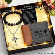 4/3/2PCS Christian Gift Set | God Is Good PU Wallet + Black Bracelet + Stainless Steel Cross Necklace | Religious Gift Set For Men, Dad, Husband, Son | Faith-Based Birthday, Anniversary, Christmas Gift - Black & Brown - View 2