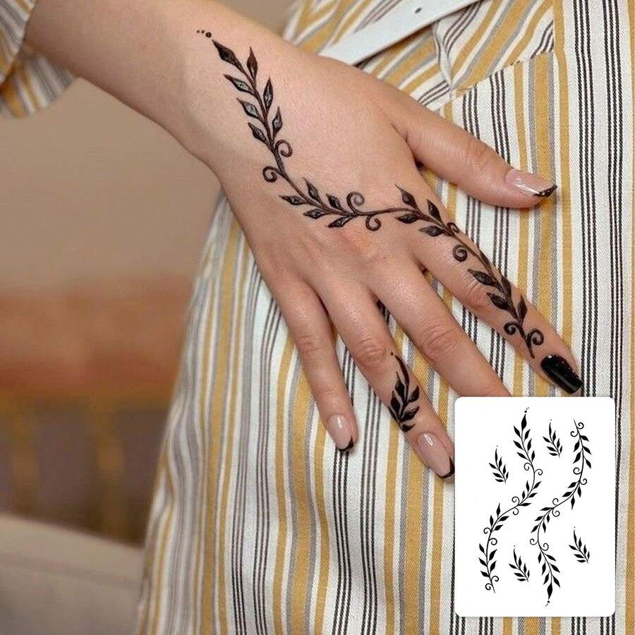 1张时尚防水黑灰渐变叶子图案临时纹身贴纸,花藤叶子设计,手部仿真纹身贴纸,素描风格 - 黑色 - 查看 1
