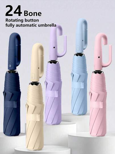 1 pieza Paraguas totalmente automático de apertura y cierre, 24 varillas, tela impermeable de alta densidad, paraguas plegable inverso totalmente automático - Asa con anillo giratorio - Asa tipo garra portátil - Paraguas de viaje portátil - Protección contra la lluvia y los rayos UV, UPF50+, revestimiento negro UV, apertura y cierre con un solo botón, adecuado para lluvia intensa y clima ventoso