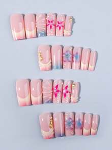 24片长棺材形3D凝胶美甲，花卉海洋图案，珍珠装饰，按压式亚克力假指甲，附赠1瓶果冻凝胶和1把指甲锉，适合女性/女孩日常、派对佩戴 - 彩色 - 查看 5