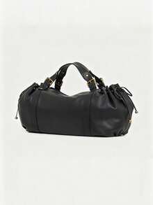 女士波士顿包，纯色简约抽绳设计手提包，通勤单肩托特包，柔软PU材质 - 黑色 - 查看 3