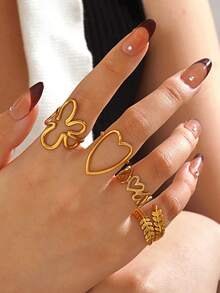 Bộ 4 chiếc nhẫn hình trái tim, bông lúa mì và hình trứng bằng thép không gỉ mạ vàng 18K, trang sức tối giản, thích hợp làm quà tặng cho phụ nữ dùng hàng ngày, dự tiệc, hẹn hò và du lịch. - Nhiều màu - Xem 1