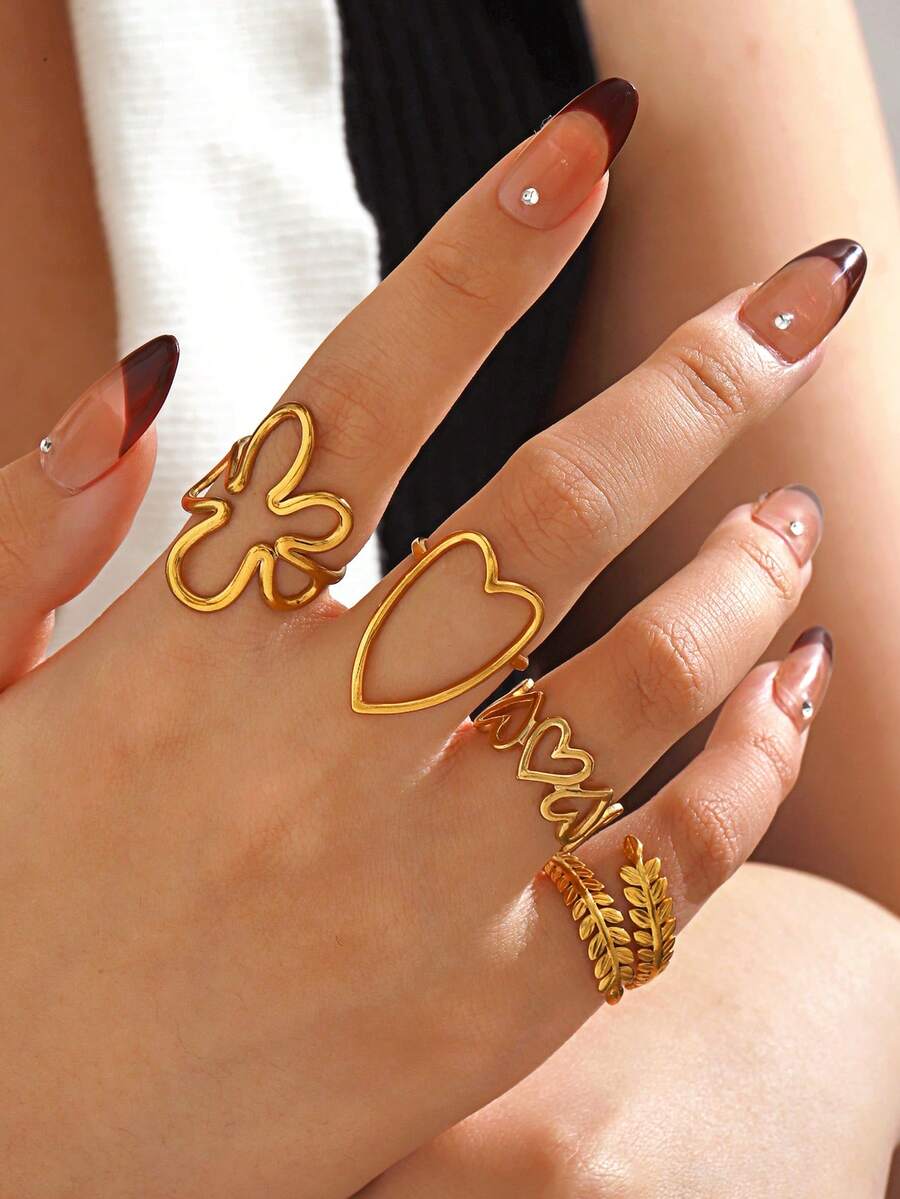 Bộ 4 chiếc nhẫn hình trái tim, bông lúa mì và hình trứng bằng thép không gỉ mạ vàng 18K, trang sức tối giản, thích hợp làm quà tặng cho phụ nữ dùng hàng ngày, dự tiệc, hẹn hò và du lịch. - Nhiều màu - Xem 1