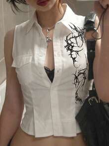 女士白色无袖短款衬衫 - 翻领纽扣上衣，饰有黑色荆棘印花，哥特朋克风格，适合夏季穿搭、休闲街头风、Y2K Grunge 风、演唱会穿搭、春季日常穿着，个性另类上衣 - 白色 - 查看 3