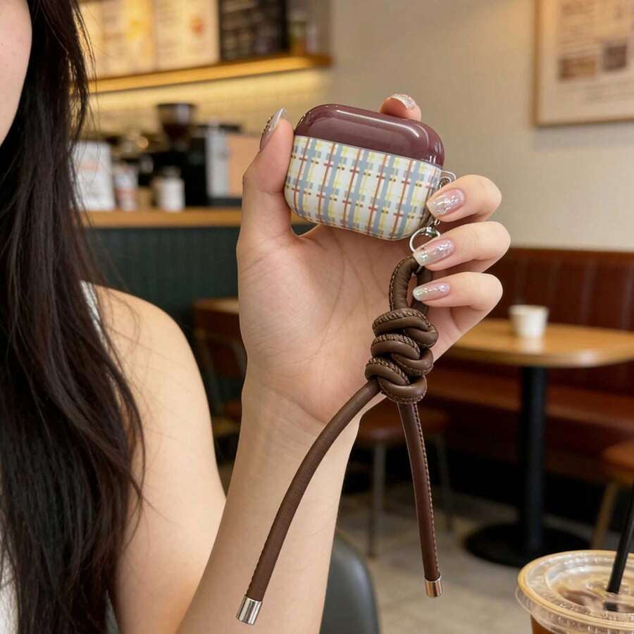 Hộp đựng tai nghe IMD hai tông màu kẻ caro kèm dây đeo da, tương thích với hộp sạc tai nghe Bluetooth Apple 1/2, Pro, 3, Pro 2, 4, Pro 3. - màu nâu - Xem 1