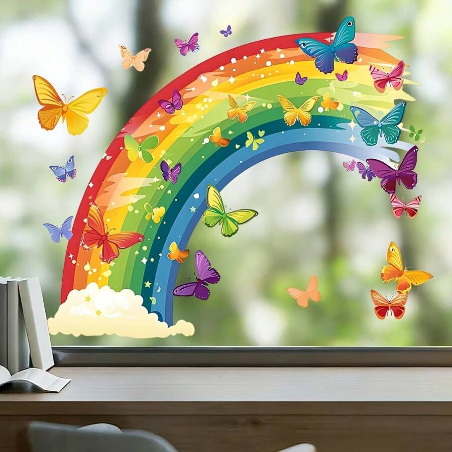 1/3pcs Rainbow Butterfly Static Window Clings, 2D Flat Reusable Static Decals, Colorful Butterfly Stickers For Window & Glass Door, Summer Indoor Window Home Decor - Rainbow Window Stickers - View 1
