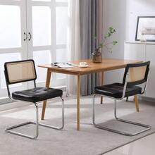 Medieval Modern Dining Chairs, A Set Of 2 Rattan Dining Chairs With Soft Upholstered Faux Leather Elements, Armless Mesh Backrest Rattan Chairs, Metal  Legs - Black - View 3