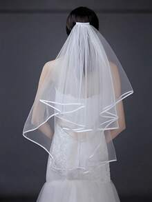 1pc Delicate Lace Edged Plain Bridal Wedding Veil, Soft Veil With Hair Comb, Simple Design For Wedding Ceremony And Reception,Summer,Beach - White - View 7