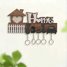 4-Hook Wooden Key Holder - Wall Mounted Home Decor Key Rack - Easy Installation Handmade Artwork - Couple And Cat Pattern Key Organizer - Multicolor - View 2