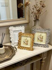 1pc K-Pop Star Card Album, European Style White/Gold/Silver Palm Leaf Edged Resin Photo Frame, Horizontal & Vertical Dual-Use Home Decor Frame, Multiple Colors Available, Suitable For Family Photos Display And Photography Props, Living Room, Bedroom, Study - A - View 2
