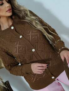 Cardigan Feminino Manga Longa Em Blusa Tricot Com Botoes Casaco Elegante Para Inverno E Uso Diario Blusa Feminina Cardigam Fino - Laranja Queimado - Visão 4