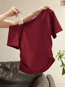 Korean Sweet & Spicy Style Burgundy Asymmetrical Shoulder T-Shirt Women's Donut Print Side Drawstring Slim Fit Flattering Top American Summer - Burgundy - View 3