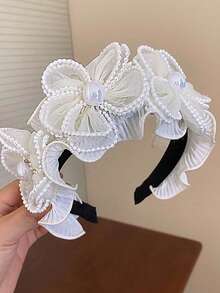 1pc Elegant & Fashionable Cute Fabric Faux Pearl Flower Headband For Women, Suitable For Daily Wear And Parties Hairband Hair Band Diadema Hair Hoop,Travel,Birthday - White - View 2