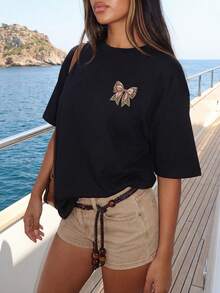 Women Loose Leopard Print Bow Decor T-Shirt - Black - View 8